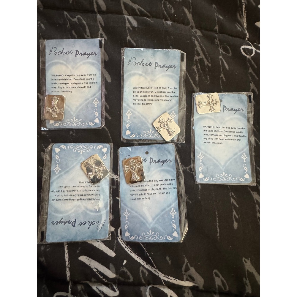 Lot of 5 Terrys Village Pocket Prayer Tokens Silver Tone Cross Heart Religious